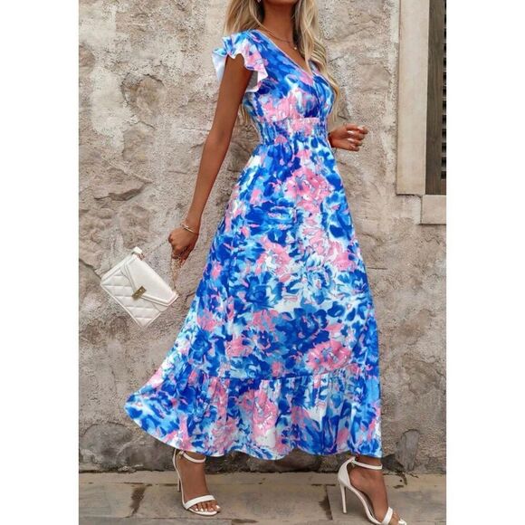 SHEIN Women’s L Classic Surplice V-Neck Maxi Dress in Dopamine Blue/Pink Floral - Picture 1 of 8